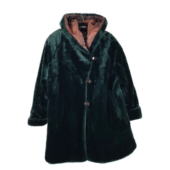Vtg NOVELTI Coat Faux Fur A-Line Swing Jacket Emerald Green FLAW Button Up Pinup - Picture 1 of 13